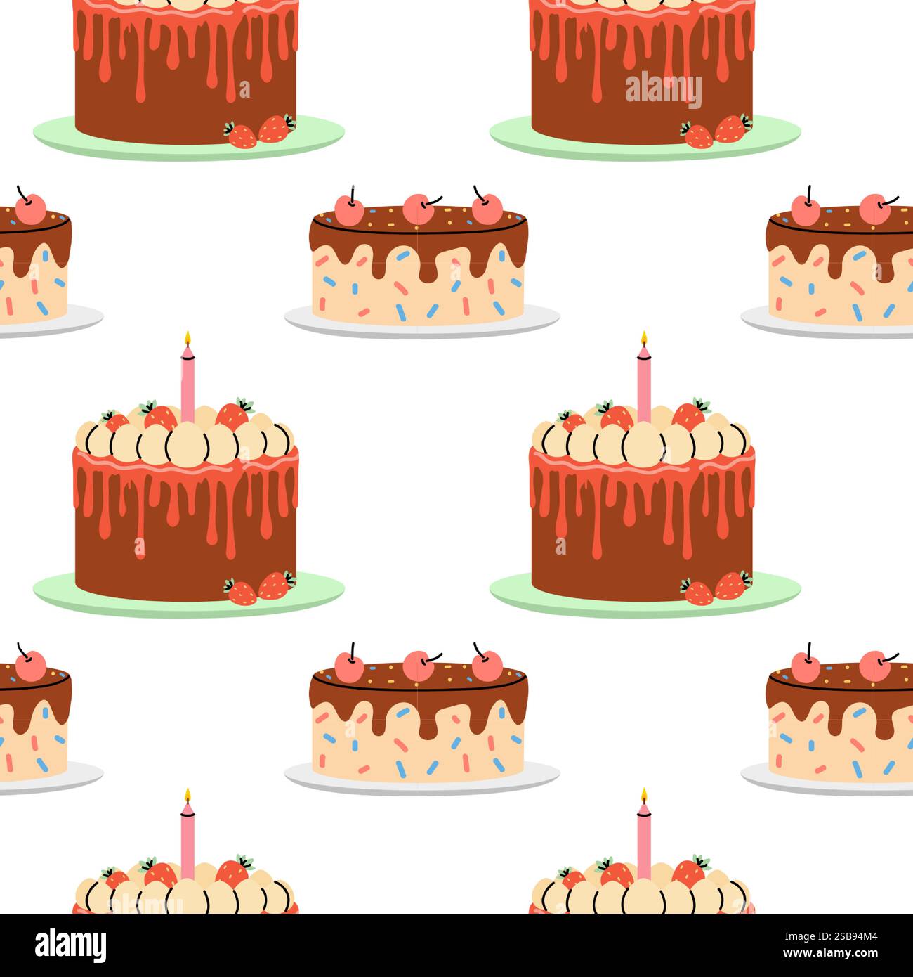 Buntes Kuchenmuster mit Schokoladen- und Vanilledesserts mit Kirschen und Kerzen Stock Vektor