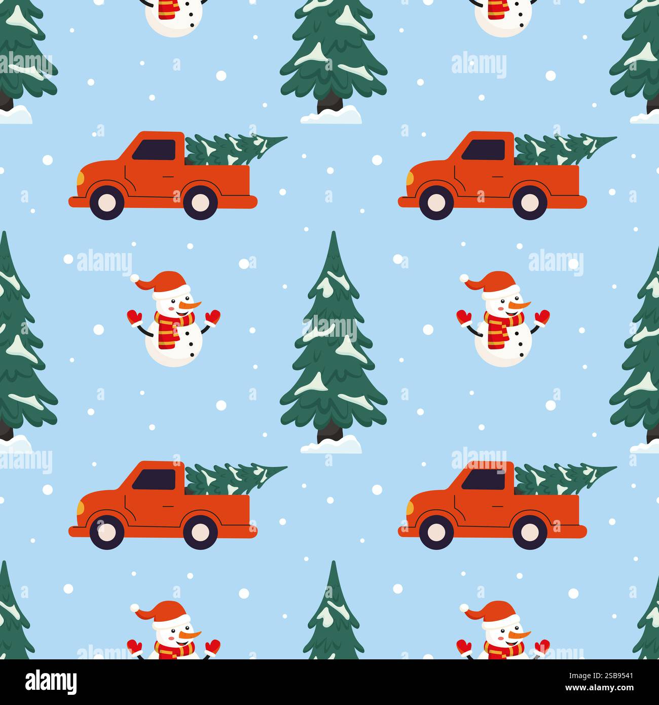 Farbenfrohe Wintermuster mit Schneemännern, Bäumen und Trucks mit Weihnachtsbäumen Stock Vektor