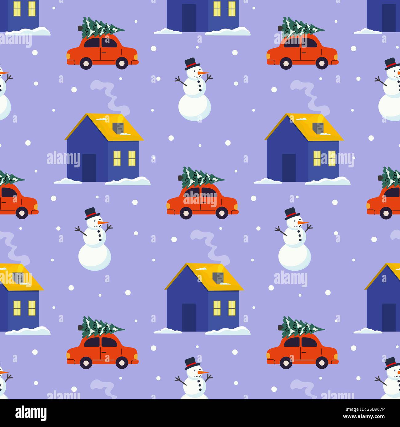 Festliches Wintermuster mit Autos, Schneemännern und farbenfrohen Häusern in gemütlicher Umgebung Stock Vektor