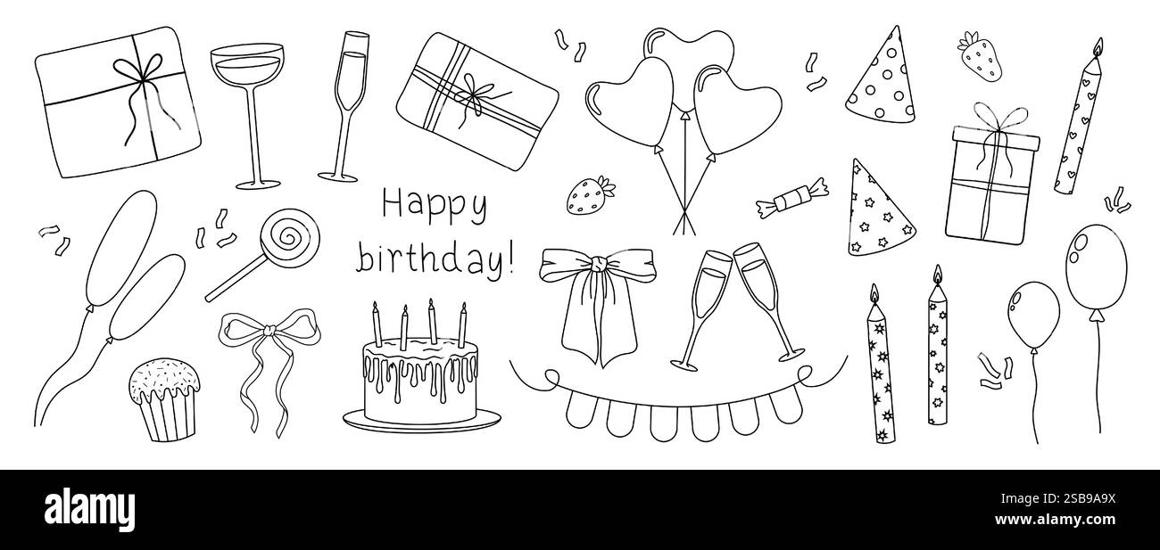 Geburtstagsfeier mit Geschenken, Ballons und Leckereien Stock Vektor