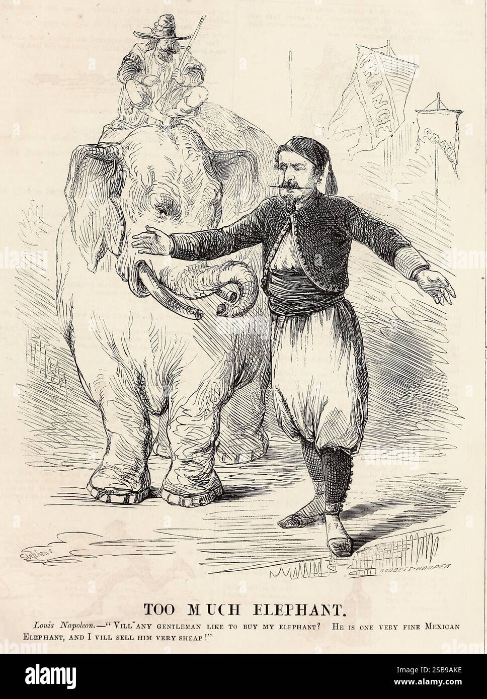 Zu viel Elefant - Louis Napoleon versucht, den mexikanischen Kaiser Maximilian zu verkaufen - Political Cartoon, 1862 Stockfoto