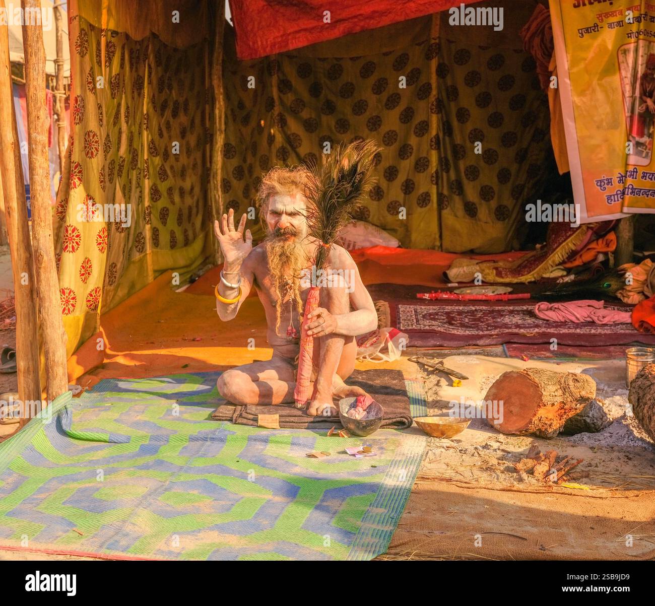 Porträt eines älteren Naga Sadhu im Maha Kumbh Mela, einem lebendigen kulturellen Treffen. Stockfoto