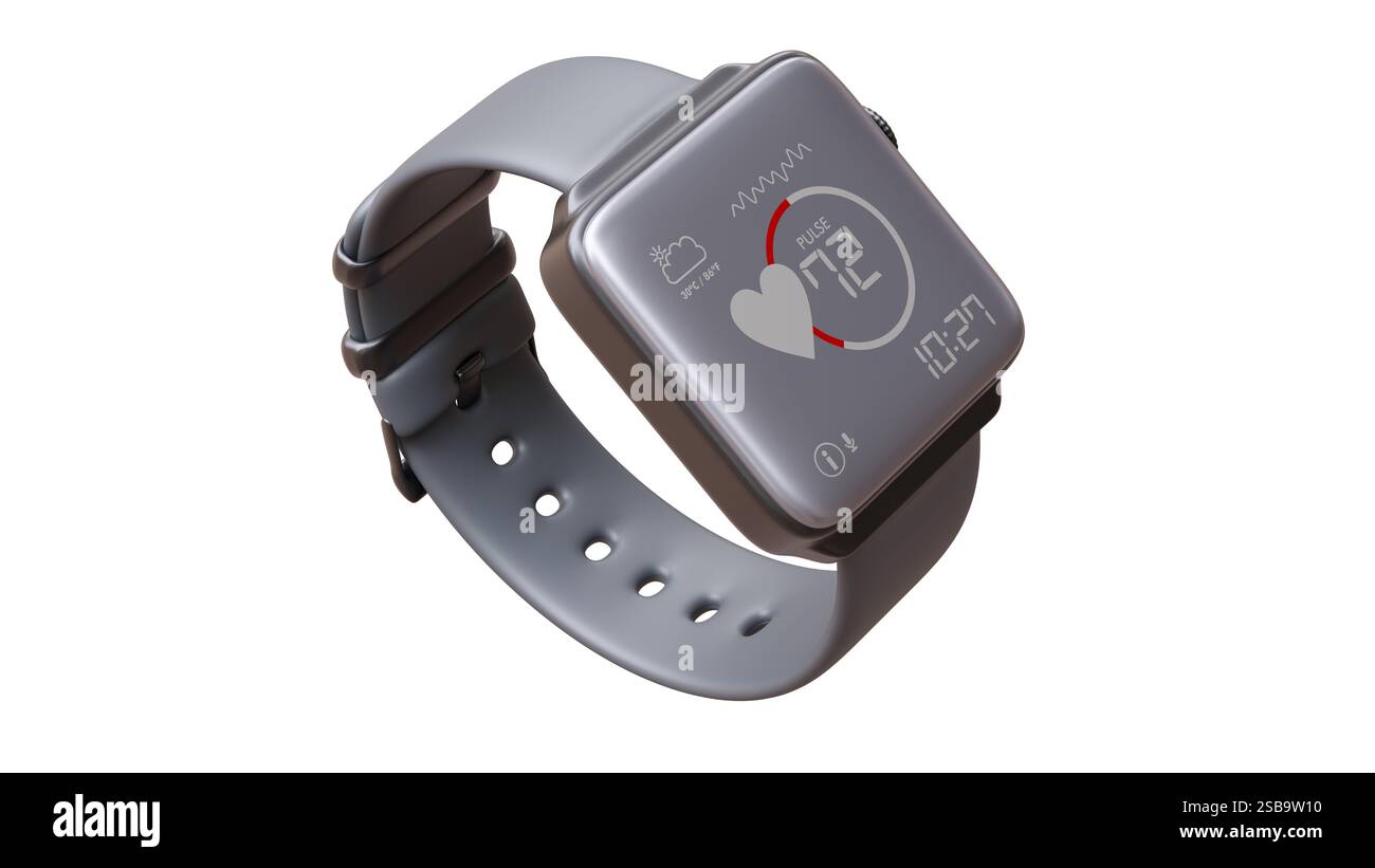 Smart Watch isoliert auf weißer, digitaler Smartwatch mit Herzpulsüberwachung Gesundheits-App, 3D-Rendering Stockfoto