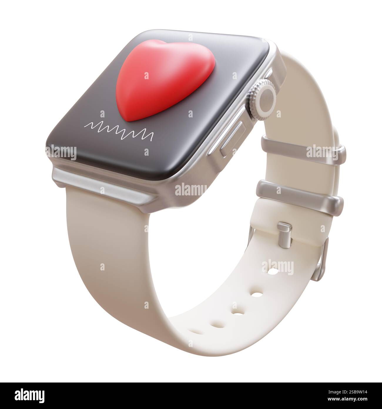 Smart Watch mit Herz auf dem Bildschirm isoliert auf weiß, digitale Smartwatch mit Gesundheits-App, 3D-Rendering Stockfoto