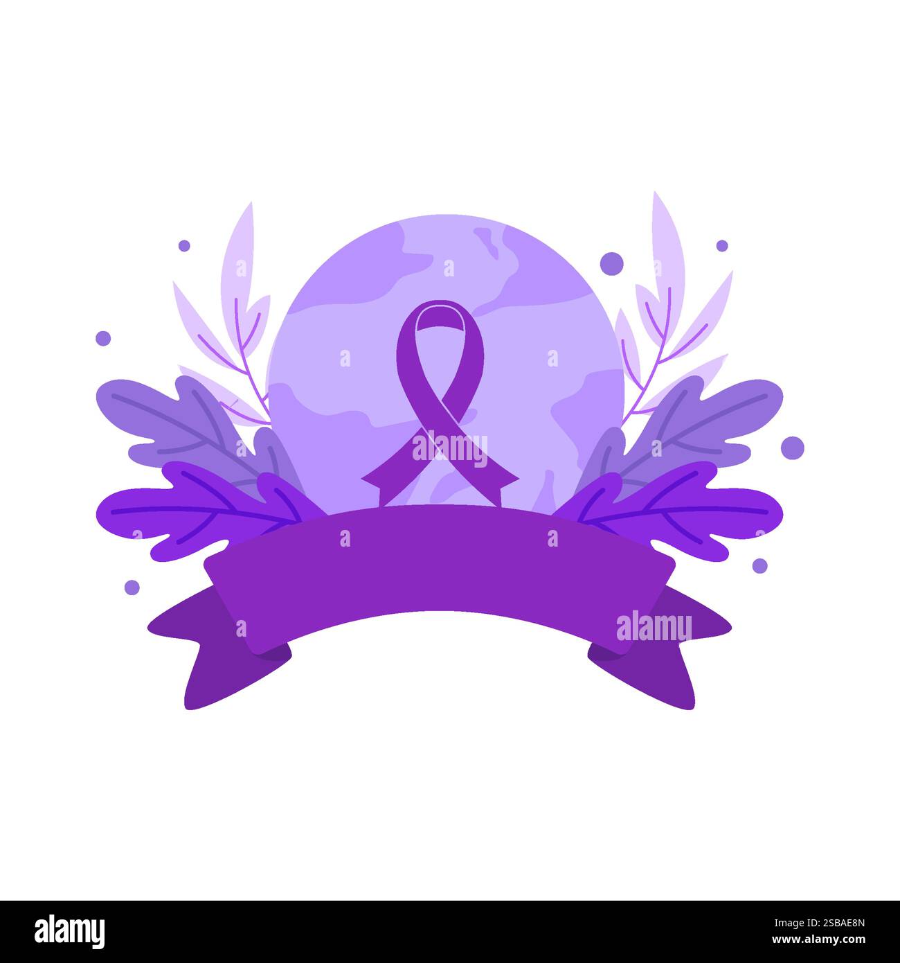 Dekoratives Lila Ribbon-Abzeichen Zum Welttag Des Krebses Mit Blättern Und Globe Stock Vektor