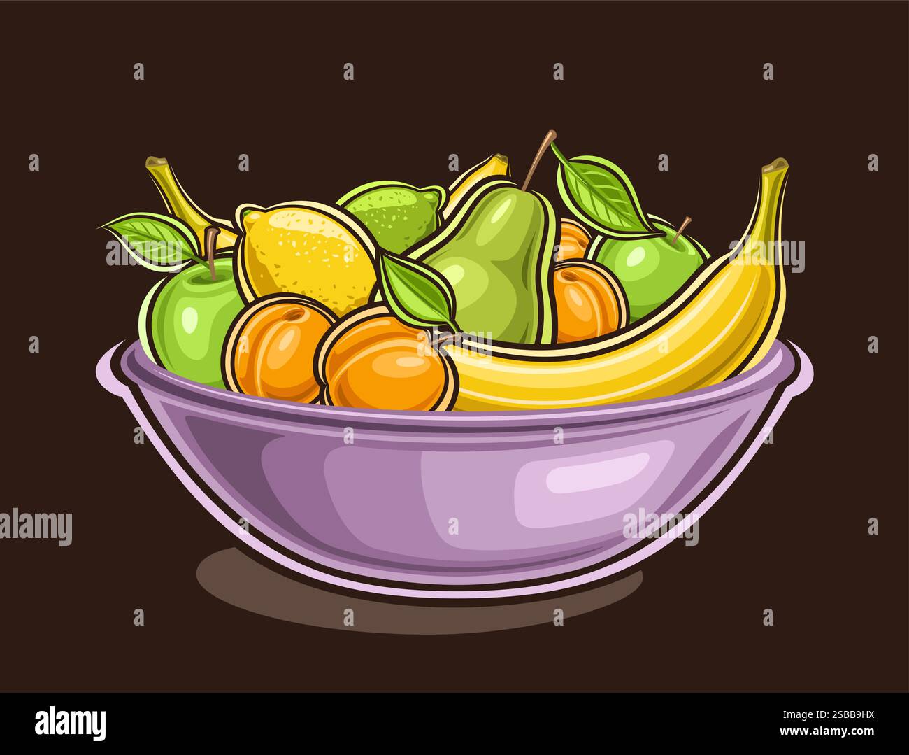 Vektor-Frucht-Platte, dekoratives horizontales Poster mit Umrissillustration des Lots saftige Frucht-Komposition, Zeichentrickdesign-Druck mit vielen köstlichen f Stock Vektor