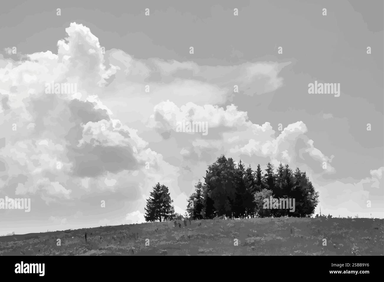 Vektorbild. Eine ruhige Landschaft in Schwarz und weiß mit einer leuchtend gelben Wiese, die sich über den Vordergrund erstreckt und von kleinen Wildblumen gespickt ist. Stock Vektor