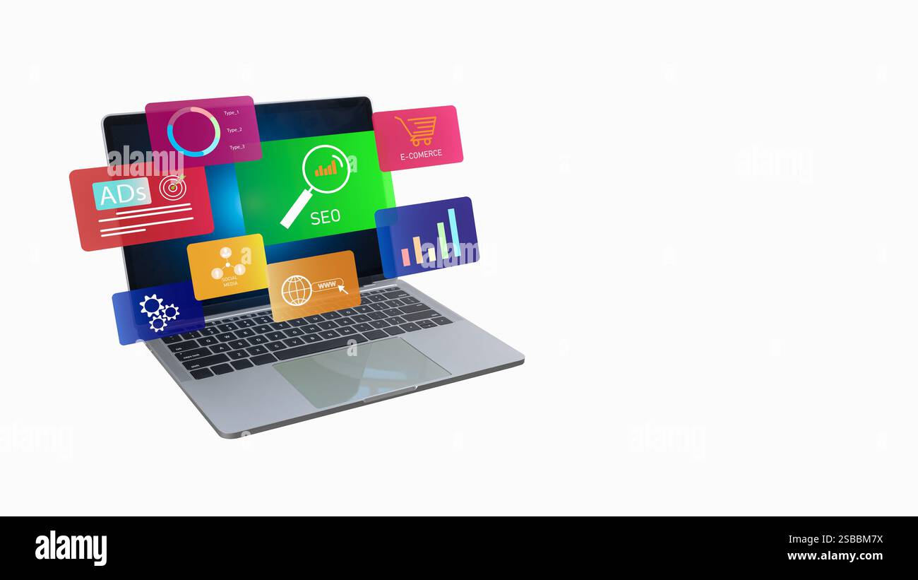 SEO-Suchmaschine, Laptop-Bildschirm anzeigen Analyse der SEO-Suchmaschinenoptimierung für den Traffic auf der Website und Optimierung Ihrer Website für die Suche en Stockfoto