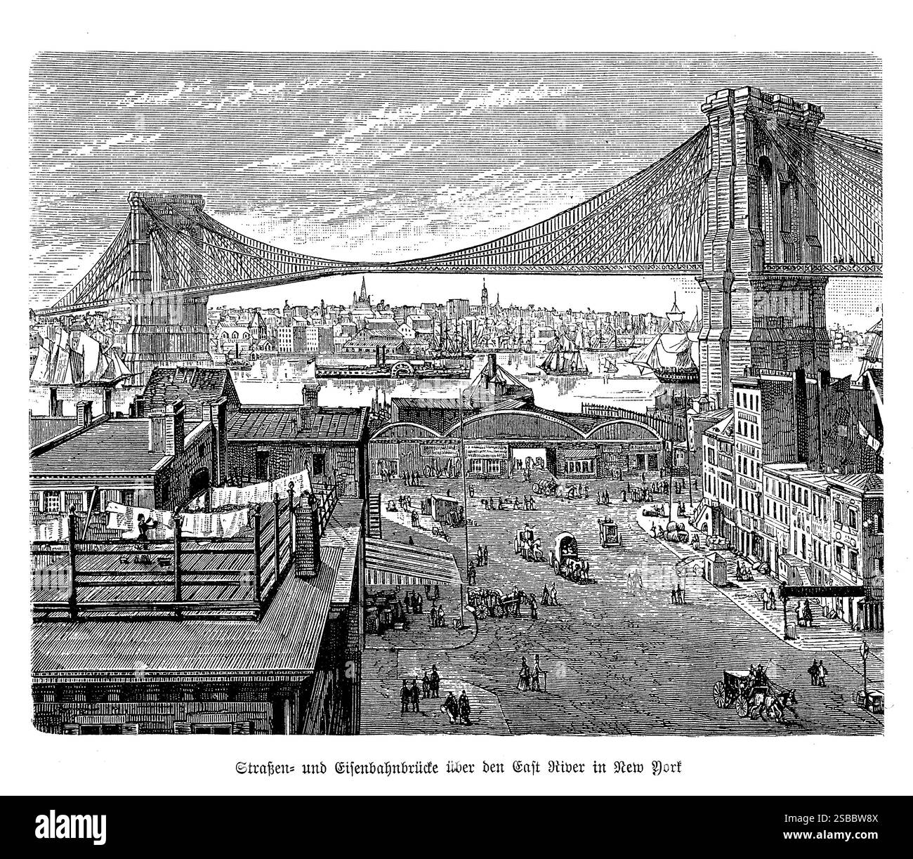 Die Brooklyn Bridge, ein ikonisches Meisterwerk der Ingenieurskunst aus dem 19. Jahrhundert, das Manhattan und Brooklyn in New York City mit gotisch inspirierten Türmen und komplizierten Stahlkabeln verbindet, ist ein Zeugnis für die industrielle Leistungsfähigkeit dieser Epoche. Der geschäftige Fluss unter Ihnen und die sich entwickelnde Skyline der Stadt im Hintergrund tragen zur Pracht dieser historischen Szene bei und verewigen ein Symbol für Fortschritt und architektonische Brillanz Stockfoto