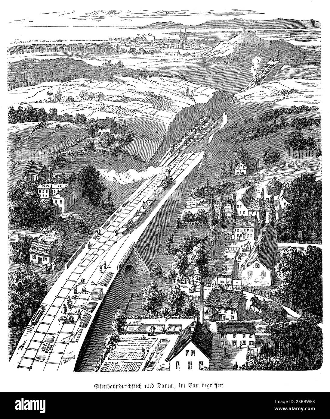 Dynamischer Prozess des Eisenbahnbaus mit Schwerpunkt auf Durchbruch und Staudämmen. Die Szene zeigt die intensive Arbeits- und Ingenieurskunst, die erforderlich ist, um durch raue Landschaften zu schlüpfen und eine wichtige Infrastruktur zu bauen. Arbeiter mit Werkzeugen und Maschinen werden vor dem Hintergrund von felsigem Gelände dargestellt, während Brücken und Dämme unter ihren Bemühungen Gestalt annehmen. Die Gravur hebt die monumentale Größe der Projekte hervor und zeigt die Mischung aus menschlicher Entschlossenheit und technologischer Innovation, die den Vorstoß der Ära nach ausgedehnten Eisenbahnnetzen prägte Stockfoto