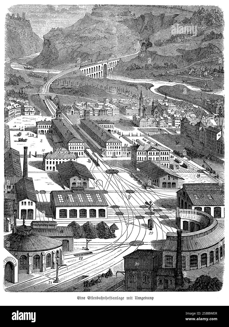 Panoramablick auf einen belebten Bahnwerkskomplex mit den riesigen Anlagen und dem umliegenden Rangierbereich. Die Szene fängt das Herz der industriellen Tätigkeit mit komplexen Schienennetzen, riesigen Lagerhäusern und Werkstätten ein, die sich der Wartung und Produktion von Eisenbahnkomponenten widmen. Arbeiter und Lokomotiven bewegen sich nahtlos durch den Komplex und veranschaulichen die synchronisierten Anstrengungen, die erforderlich sind, um den reibungslosen Betrieb zu gewährleisten. Diese detaillierte Darstellung spiegelt den Umfang und die Ambitionen des Eisenbahnbaus während der industriellen Revolution wider und betont Fortschritt und Innovation Stockfoto