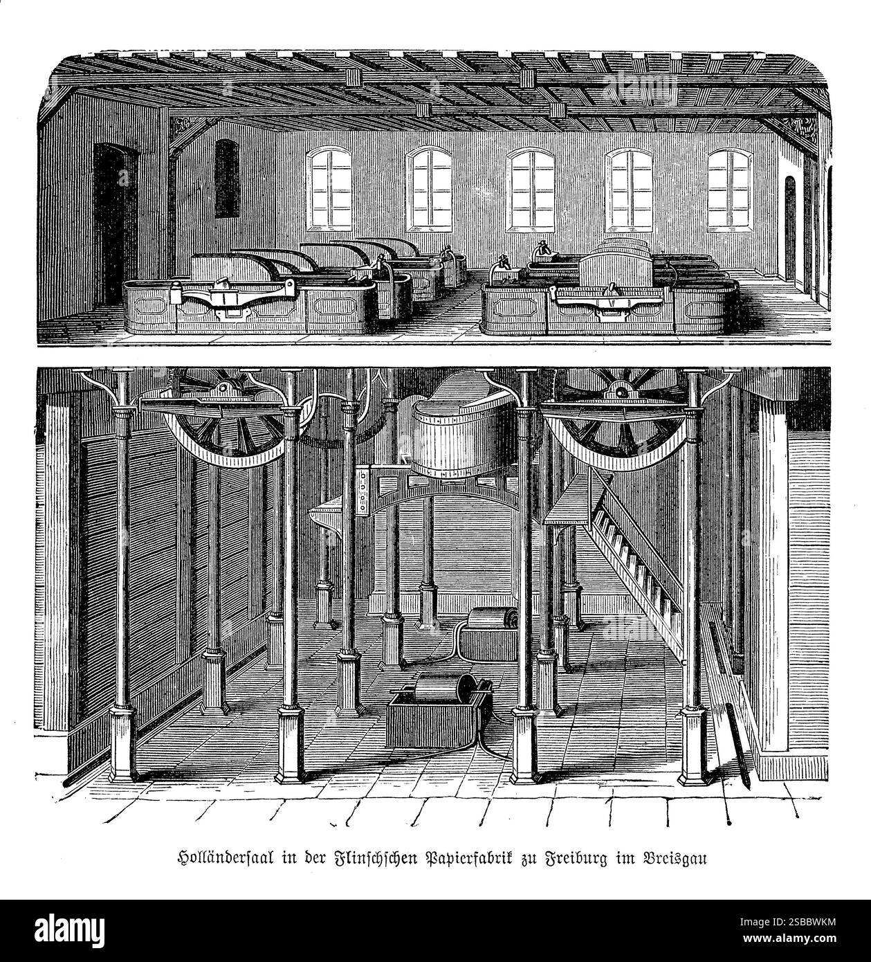 Das Gerät verfügt über eine Reihe mechanischer Komponenten, darunter rotierende Fässer, Rührwerke und Strömungskanäle, die zum gründlichen Waschen und Bleichen von Papierzellstoff in Freiburg, Breisgau, entwickelt wurden. Die Komplexität der Maschinen unterstreicht die technologischen Fortschritte der damaligen Zeit und betont die Effizienz und Effektivität des Papierproduktionsprozesses. Die detaillierte Darstellung des Geräts zeigt das komplexe Zusammenspiel zwischen Technik und Chemie, das für die Herstellung von hochwertigem, gebleichtem Papier erforderlich ist. Stockfoto