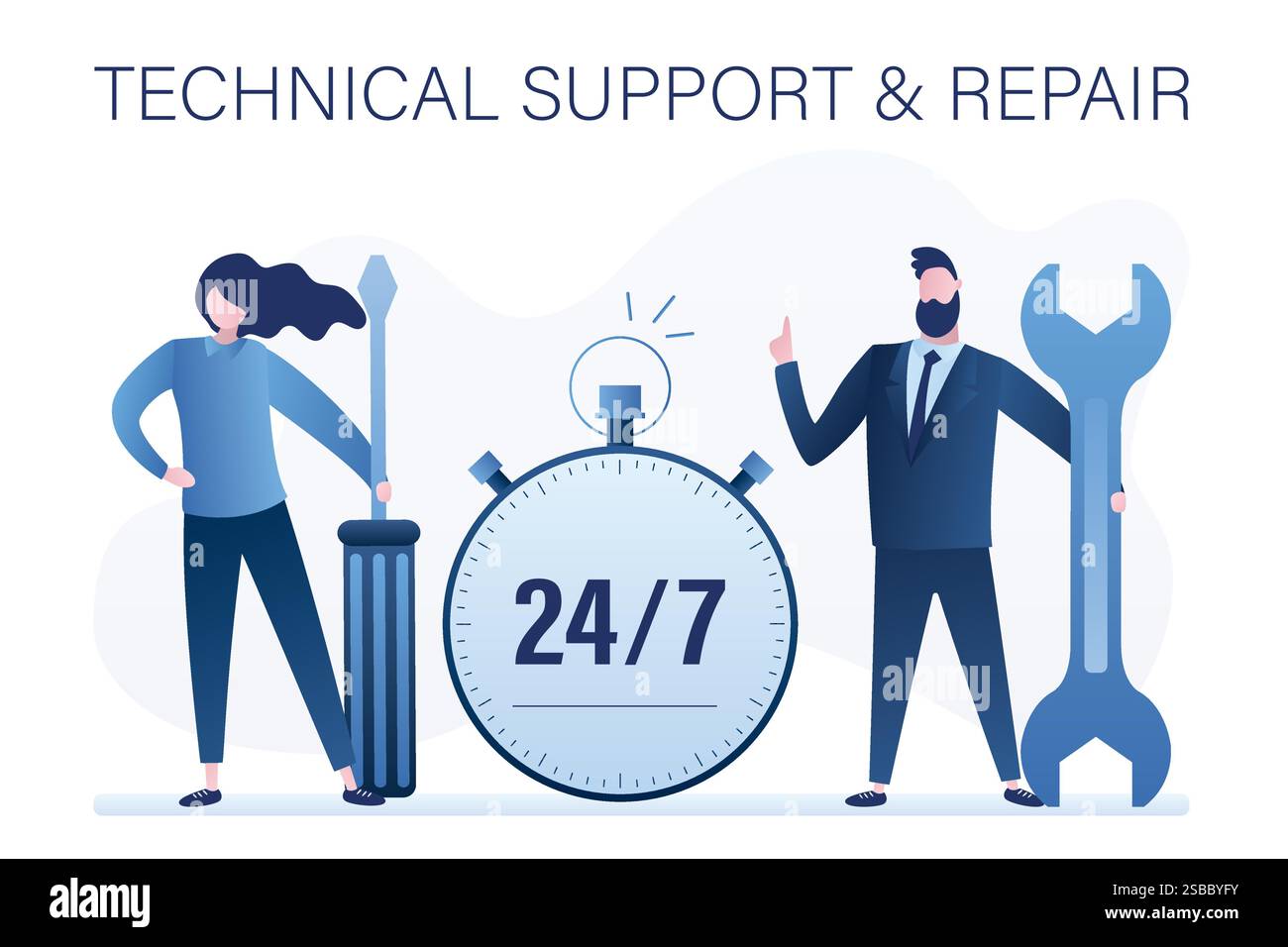 Banner für technischen Support und Reparaturkonzept. Geschäftsleute halten Schraubendreher und Schraubenschlüssel. Hilfe 24 Stunden, große Uhr. Zufriedene Mitarbeiter oder Mitarbeiter mit Werkzeug Stock Vektor
