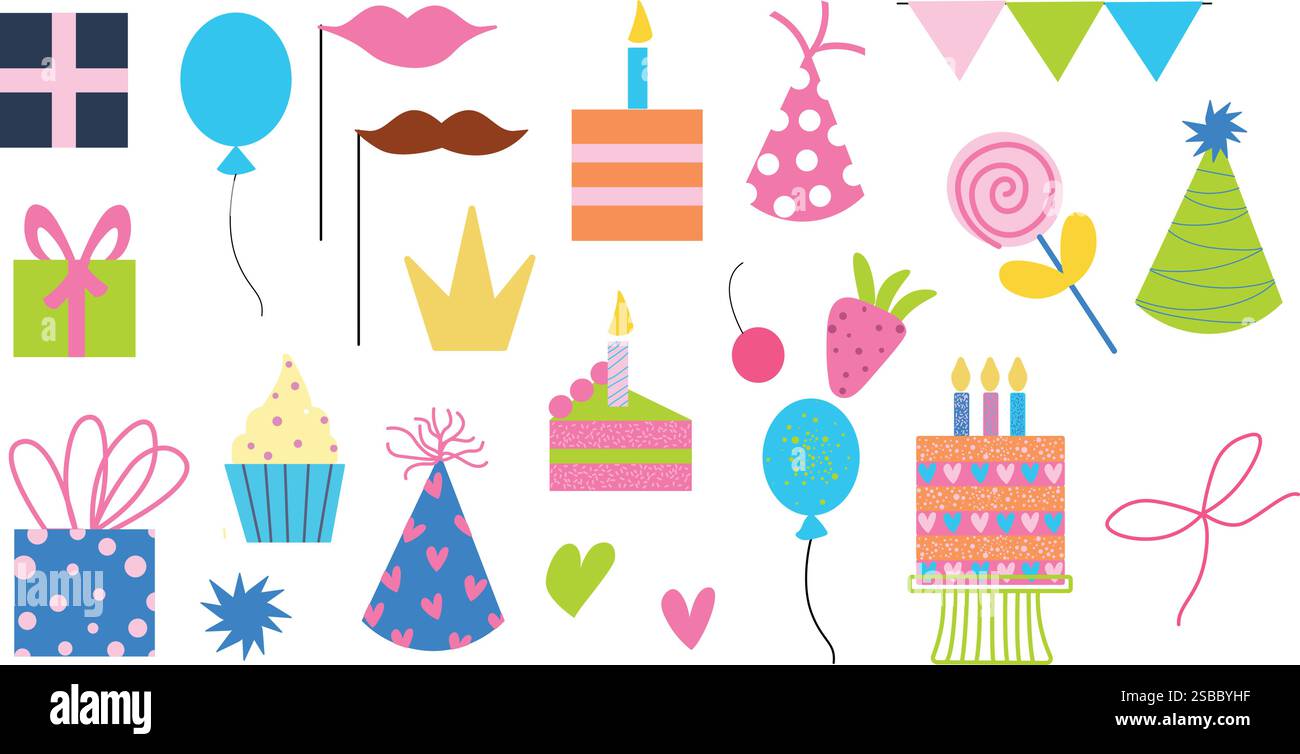 Farbenfrohe Elemente für Geburtstagsfeiern mit Ballons, Cupcakes, Geschenken und Dekorationen Stock Vektor
