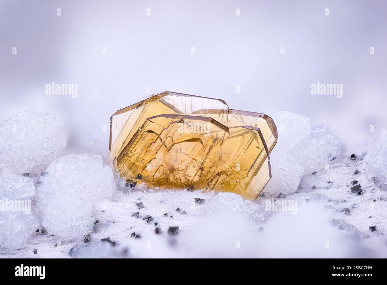 Fayalitkristall auf weißem Cristobalit und schwarzem Magnetit. Probe aus Cougar Butte, Cascade Range, Kalifornien, USA. Mikrofotografie extrem Stockfoto