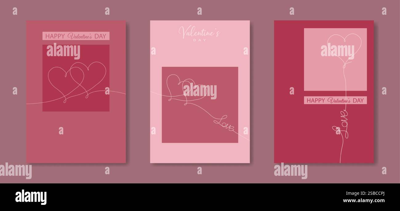 Grußkarte mit Happy Valentines Day Set. Kreatives Bannerdesign. Liebe Text- und Herzsymbole, Strichkunst handgezeichnet. Kopierbereich für Verkaufskopf Stock Vektor