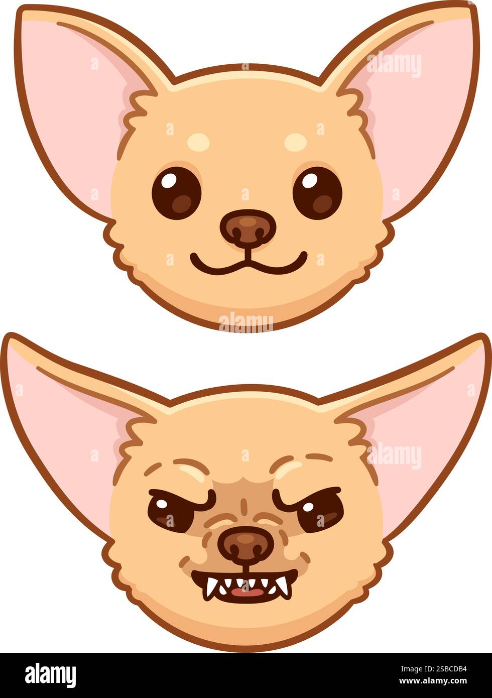 Niedlicher Cartoon Chihuahua, glücklich und wütend und schnurrend. Lustige Hundegesicht Zeichnung, Vektorclip Kunst Illustration. Stock Vektor