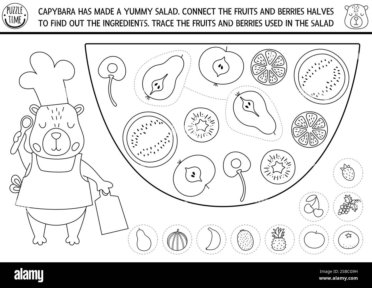 Finde zwei Fruchthälften im Capybara-Salat. Capibara Schwarz-weiß-passende Aktivität für Kinder. Lernquiz-Arbeitsblatt für Kinder. Druckbar g Stock Vektor