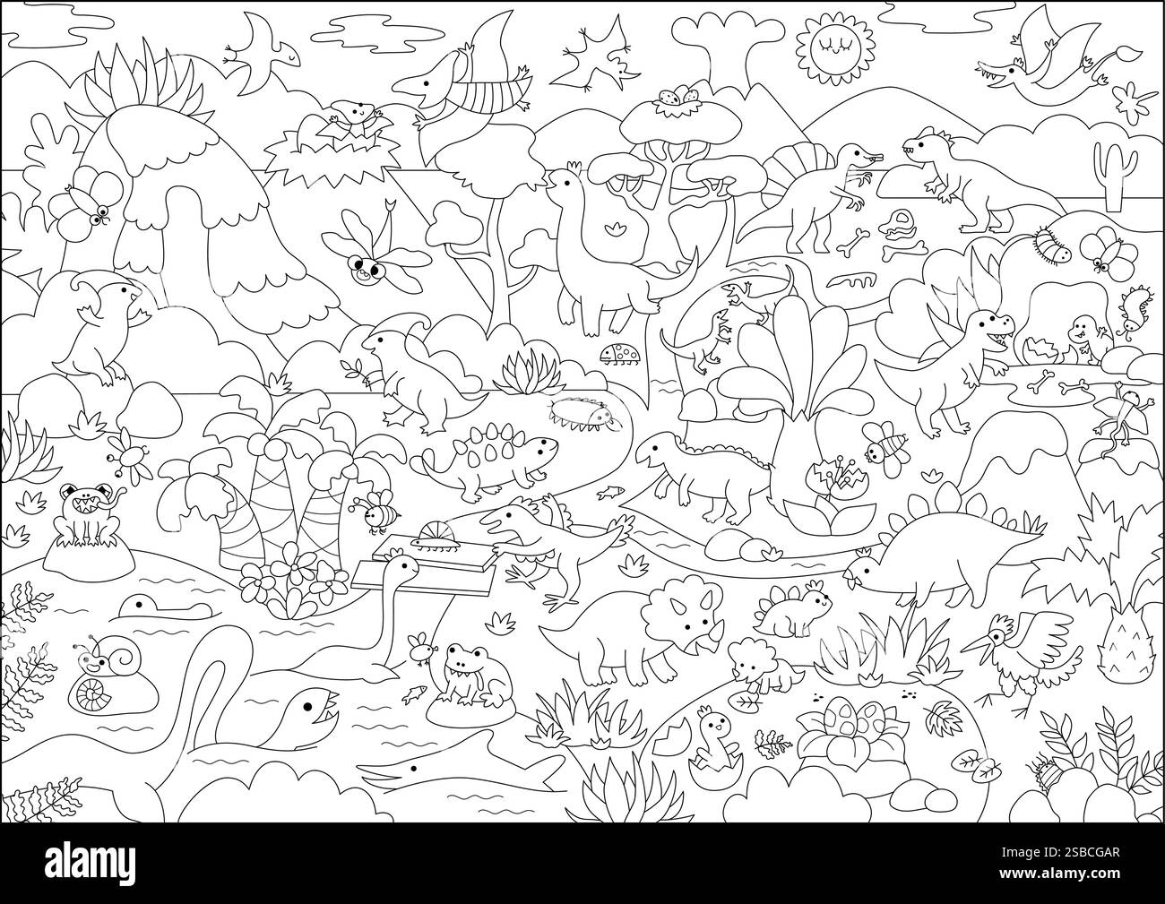 Vektor-schwarz-weiße Dinosaurier-Landschaft Illustration. Prähistorische Landschaft mit Bergen, Wäldern und alten Tieren. Lustige Detailszene, Färbung PA Stock Vektor