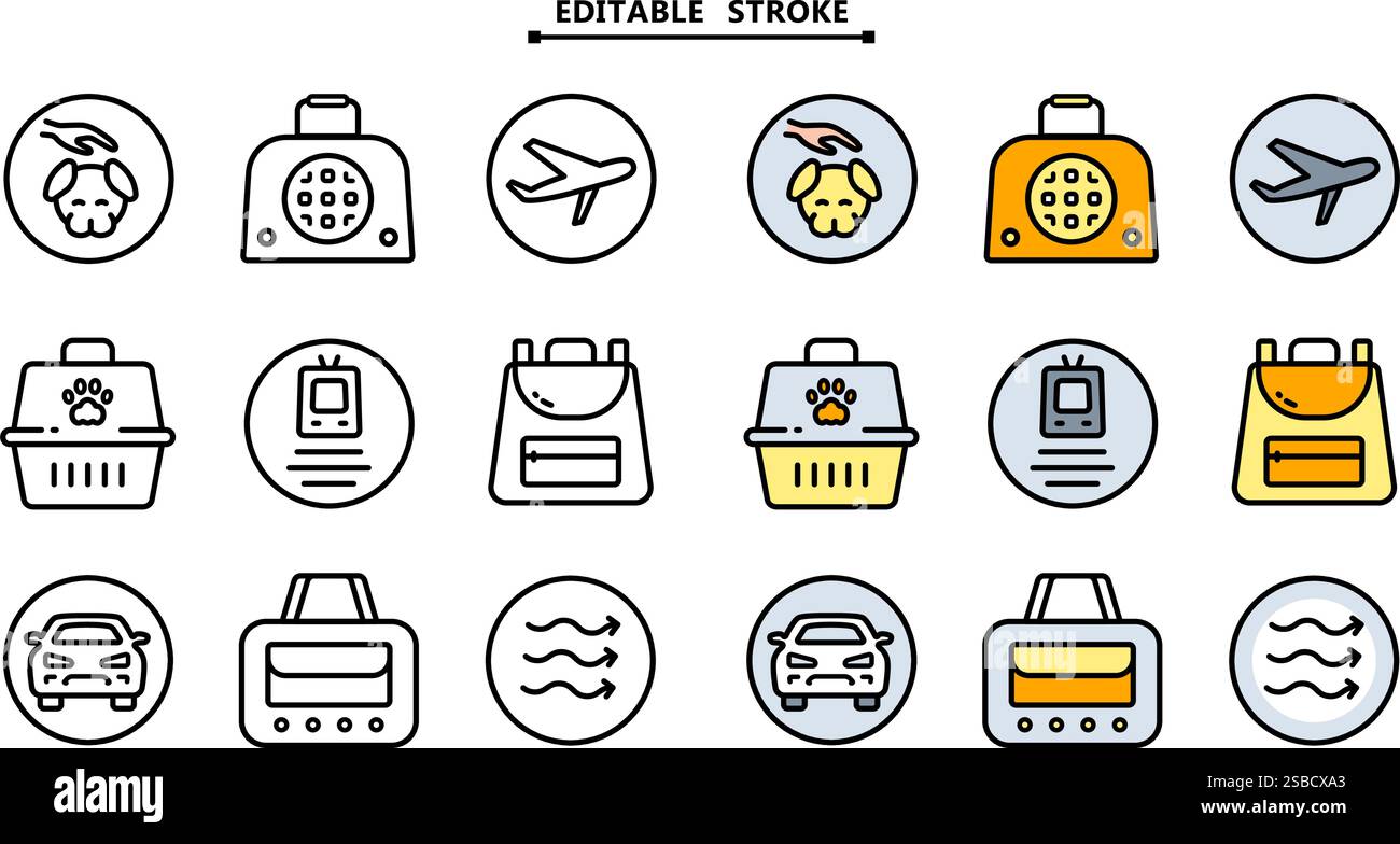 Outline Symbol-Kollektion Für Pet Carrier. Bearbeitbare Kontur. Haustierzubehör-Symbol für Hunde und Katzen. Einfache Symbole für Tiergeschäfte, Tiermedizin und Anima Stock Vektor