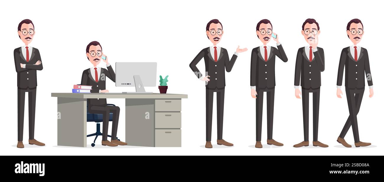 Comic Geschäftsmann Charakter in verschiedenen Posen, sitzend auf Bürostuhl, Arme gefaltet, denken, zeigen, gehen Premium Vektor Stock Vektor