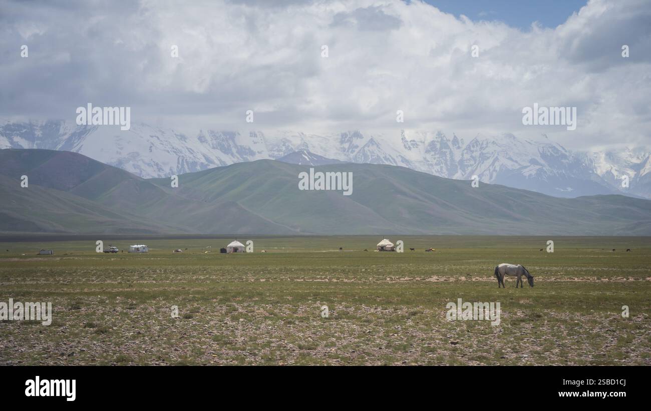 Landschaft mit Pamir-Bergen im Hintergrund und nomadischen Jurten und Pferden im Vordergrund, Kirgisistan Stockfoto