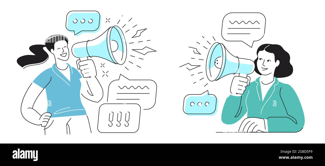 Geschäftsfrau kommuniziert über Megaphon. Frau, die Lautsprecher hält und eine Ansage macht. Vektorabbildung Stock Vektor