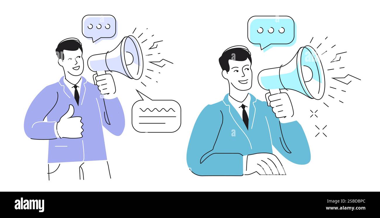 Geschäftsmann spricht in Lautsprecher, Megaphon. Werbeangebot – Geschäftsangebot. Vektorabbildung Stock Vektor