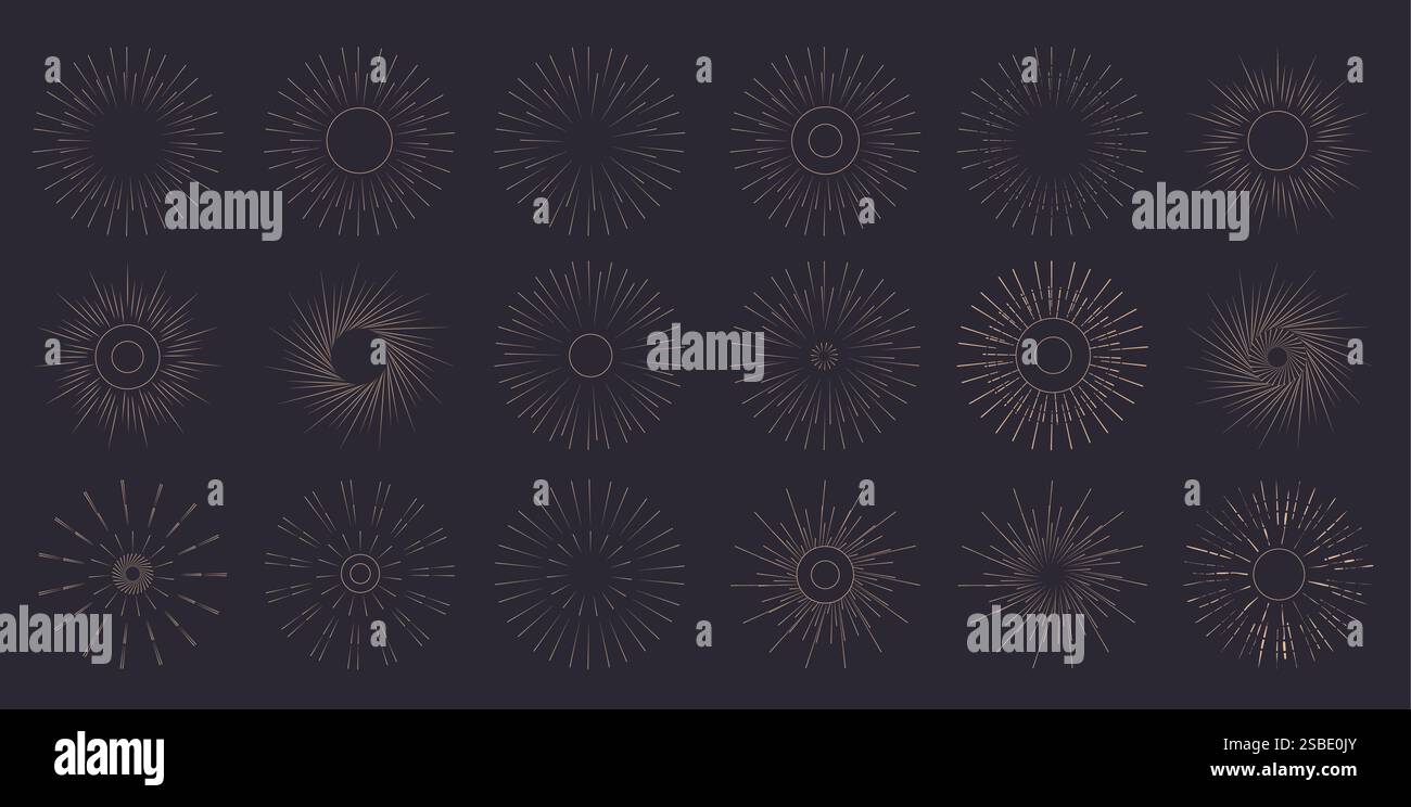 Sonnenkontur Clipart-Symbolsatz. Vintage Sunburst Clip Art Symbol und Icon Sammlung mit abstrakten Sonnenstrahlen Vektor Illustration auf schwarzem Hintergrund. Stock Vektor