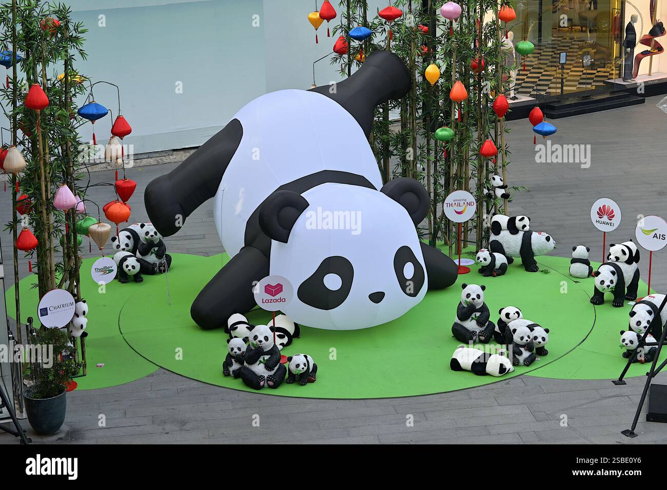 Große aufblasbare Installation und Pandas in unterschiedlicher Größe außerhalb eines Einkaufszentrums, anlässlich des Neujahrs 2025 und des 50. Jahrestages der thailändischen und chinesischen Beziehungen Stockfoto