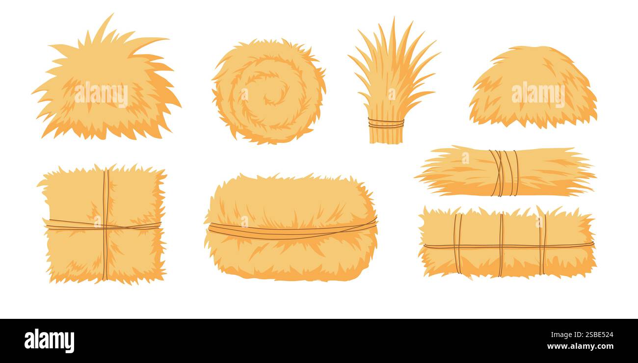 Zeichentrickfilm landwirtschaftliche Heuhähne. Ballen von Heu, ländlicher Heuhaufen, gerollter Stapel und Futterstroh, getrocknete BauernhofHeuhaufen flache Vektorillustration auf weiß gesetzt Stock Vektor