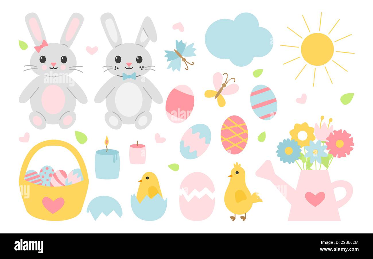 Flaches Cartoon-Clipart-Set mit süßen Hasen, Ostereiern, Küken, Blumen und Frühlingselementen. Bunte Feiertagsvektor-Illustration für Grußkarten, Dekorationen und Kinderprojekte Stock Vektor