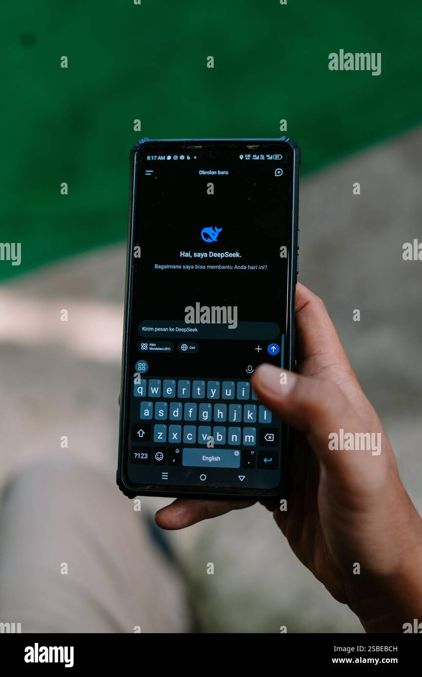 Bogor, 2. Februar 2025. Nahaufnahme des Deepseek-Anmeldebildschirms auf einem Smartphone, gehalten von einem Stockfoto