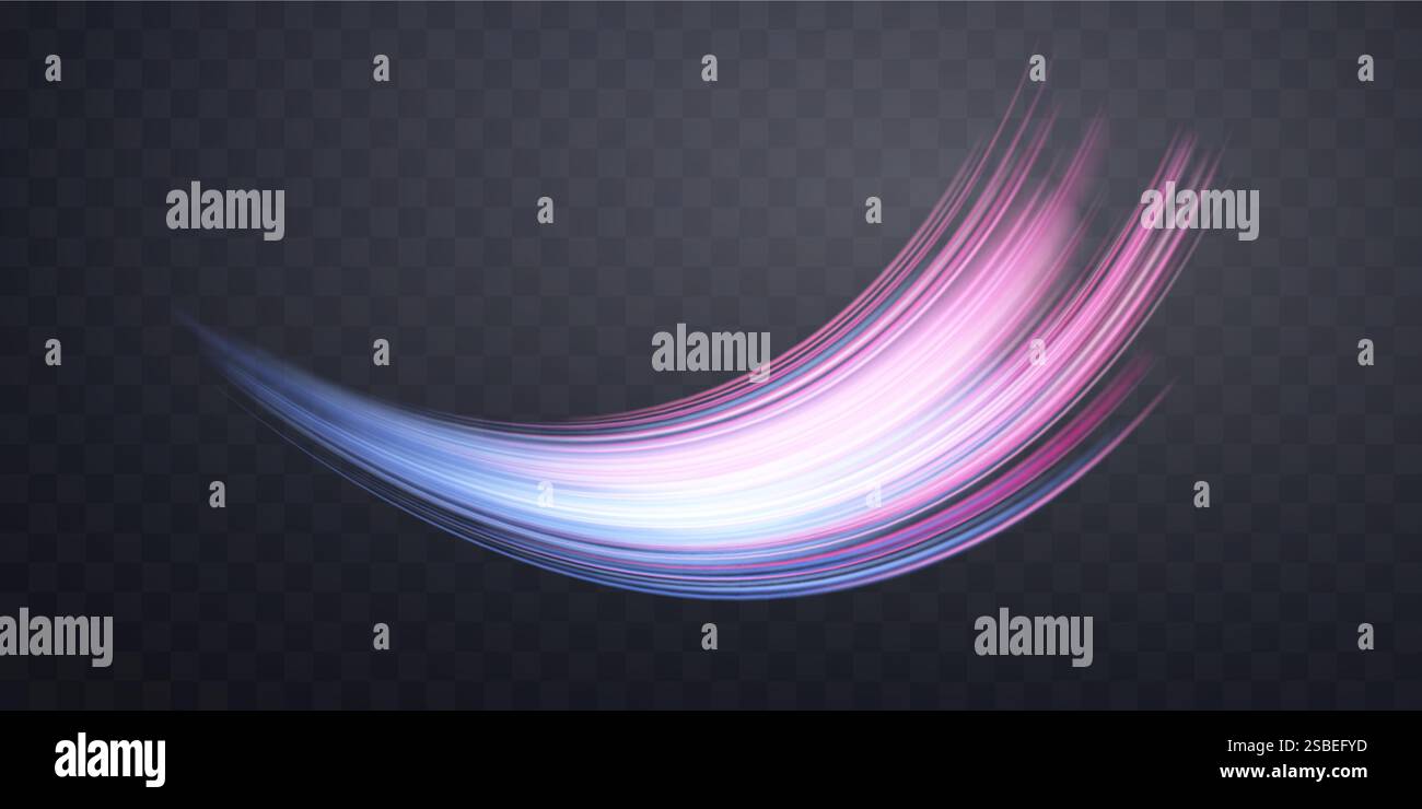 Leuchtende rosa und blaue Linien. Dynamische Neon-realistische Energie-Geschwindigkeitswelle. Abstrakte Kurven wirbeln Lichteffekt auf dunklem Hintergrund. Vektorabbildung. Stock Vektor