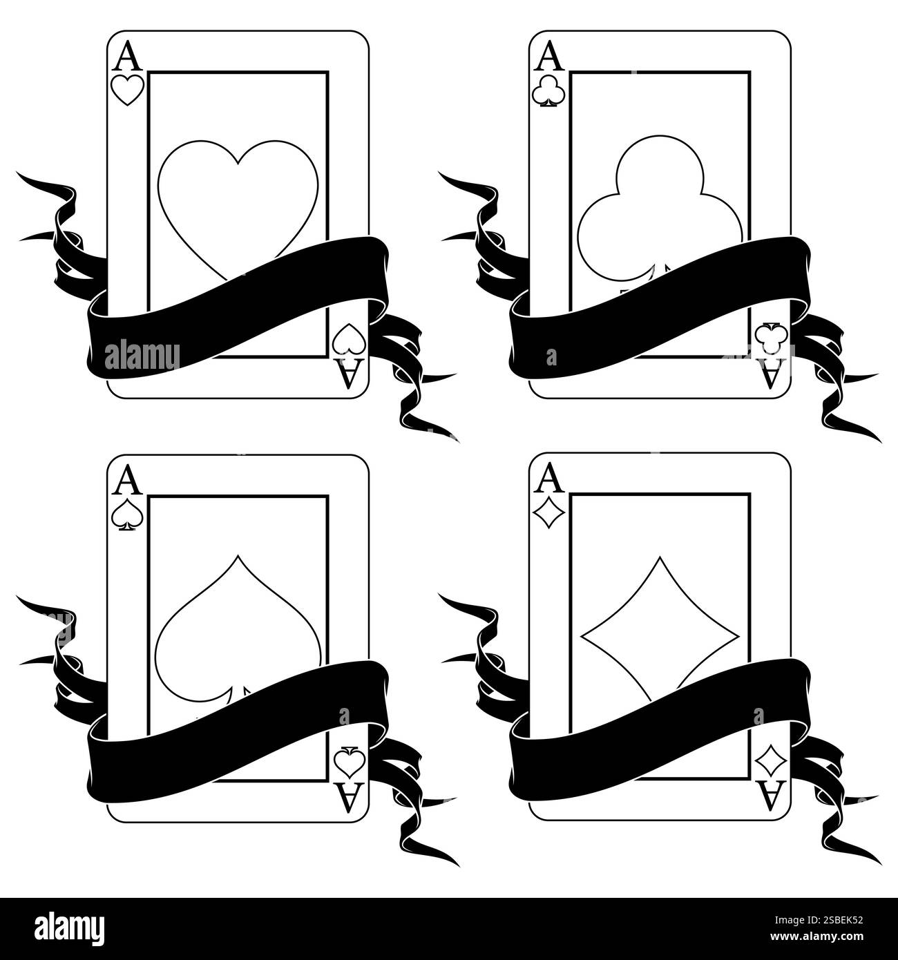 Pokerkarte, umgeben von einem Band, Poker-Symbole von Herz, Diamant, Club und Ass Stock Vektor