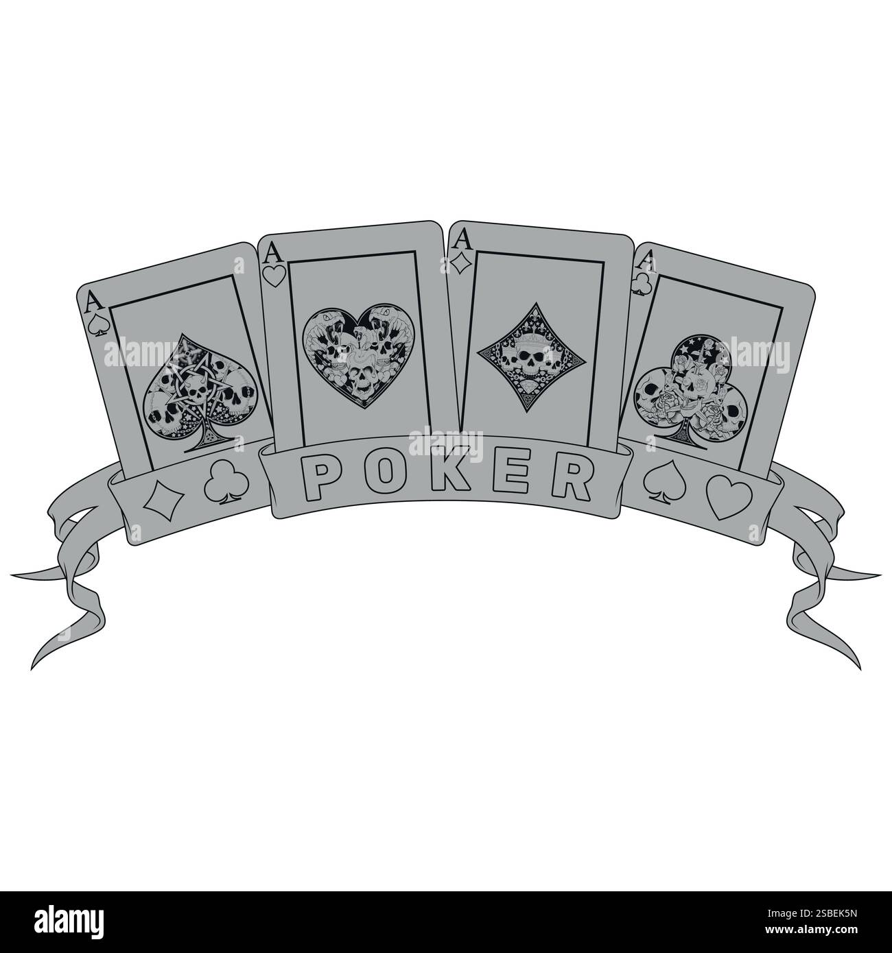 Pokerkarten umgeben von einem Band, Pokersymbole mit Herz, Diamant, Schläger und Ass mit verschiedenen Schädeldesigns Stock Vektor