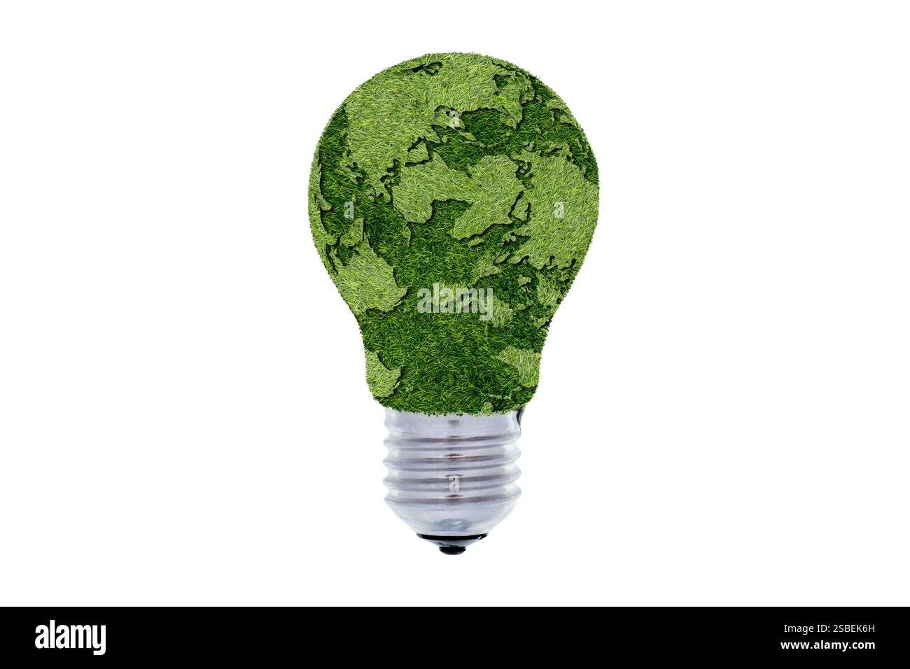 Die grüne Weltkarte steht auf einer Glühbirne, die grüne Energie repräsentiert, erneuerbare Energien, die wichtig sind. Erneuerbare Energien Umweltschutz rene Stockfoto