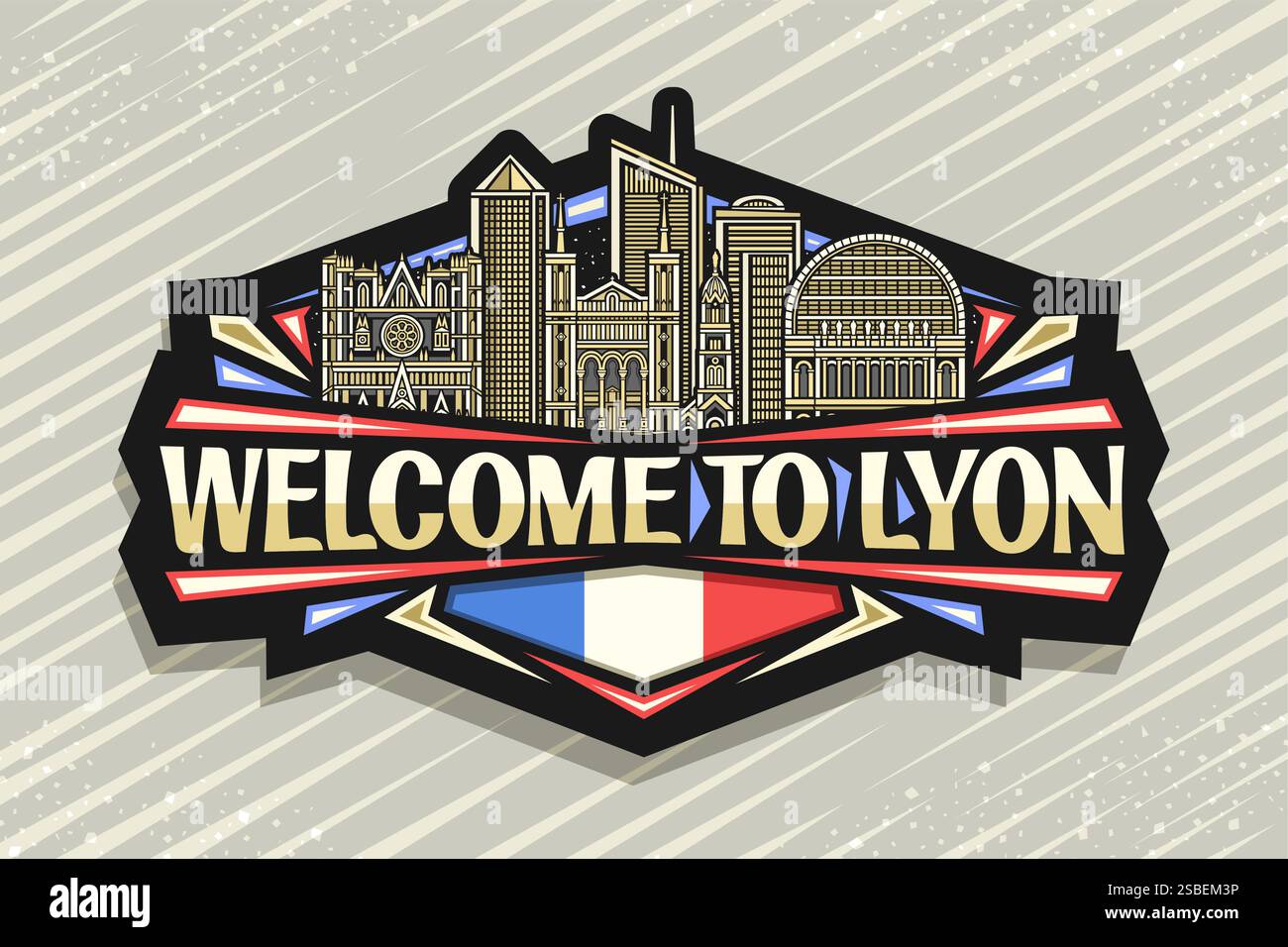 Vektor-Logo für Lyon, schwarzer dekorativer Tag mit detaillierter Umrissdarstellung der berühmten Panorama-lyon-Stadt-Landschaft auf nächtlichem Himmel-Hintergrund, Kunst des Stock Vektor