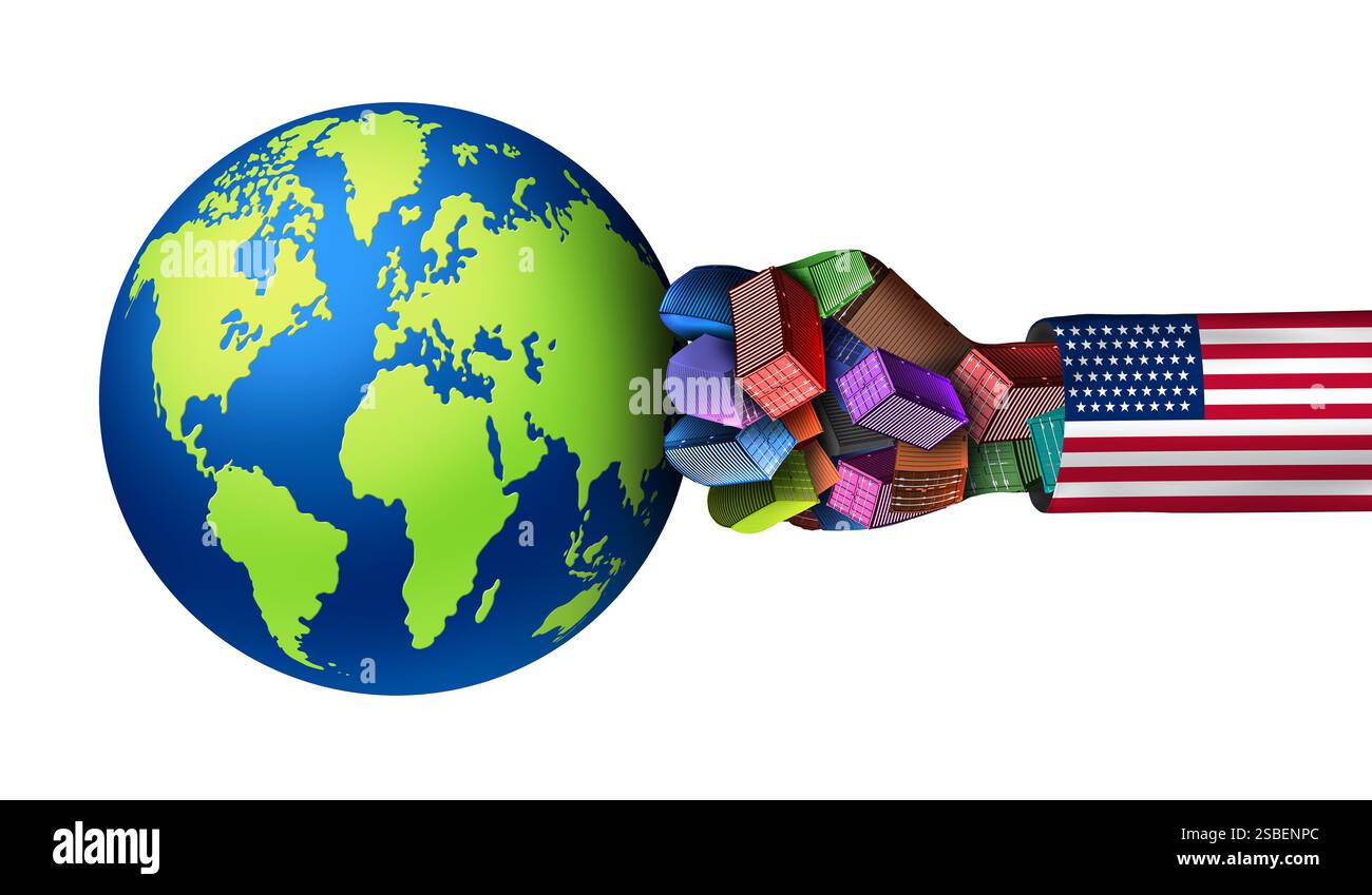 US-Handelskrieg USA und Welthandelskriege oder amerikanische Zölle auf Welthandelspartner als zwei gegensätzliche Frachtcontainer im Konflikt als Ökonom Stockfoto