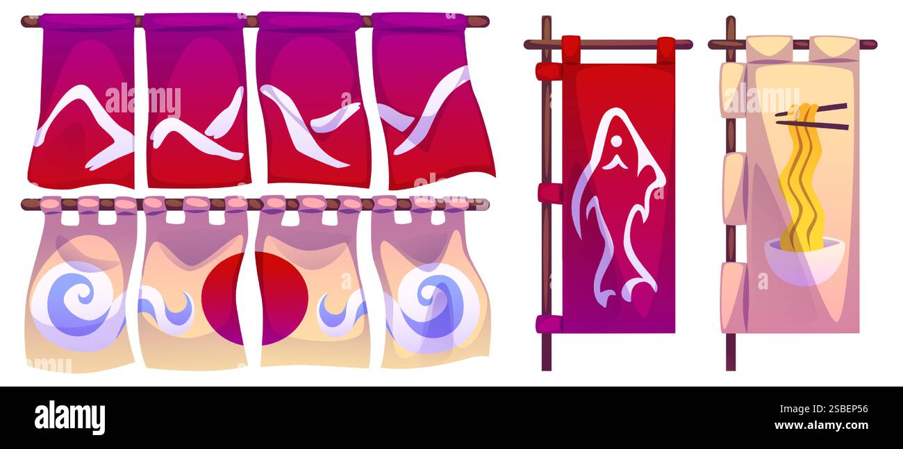 Japanische Vorhangbanner im Restaurant mit traditioneller Sonne und Wolke, Bergmustern, Ramen-Schalen und schwimmenden Koi-Fischen. Dekoration aus nordischem Stoff auf Holzstange für asiatische Küche im Eingangsbereich. Stock Vektor