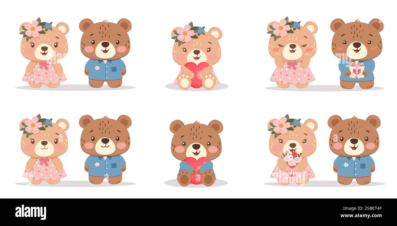 Set von Teddybären zum Valentinstag in verschiedenen Posen, isoliert auf weißem Hintergrund Stock Vektor
