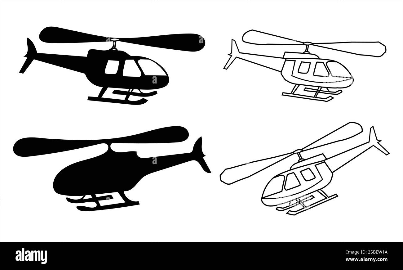 Verschiedene Hubschrauberdesigns in Silhouette und Outline Stock Vektor