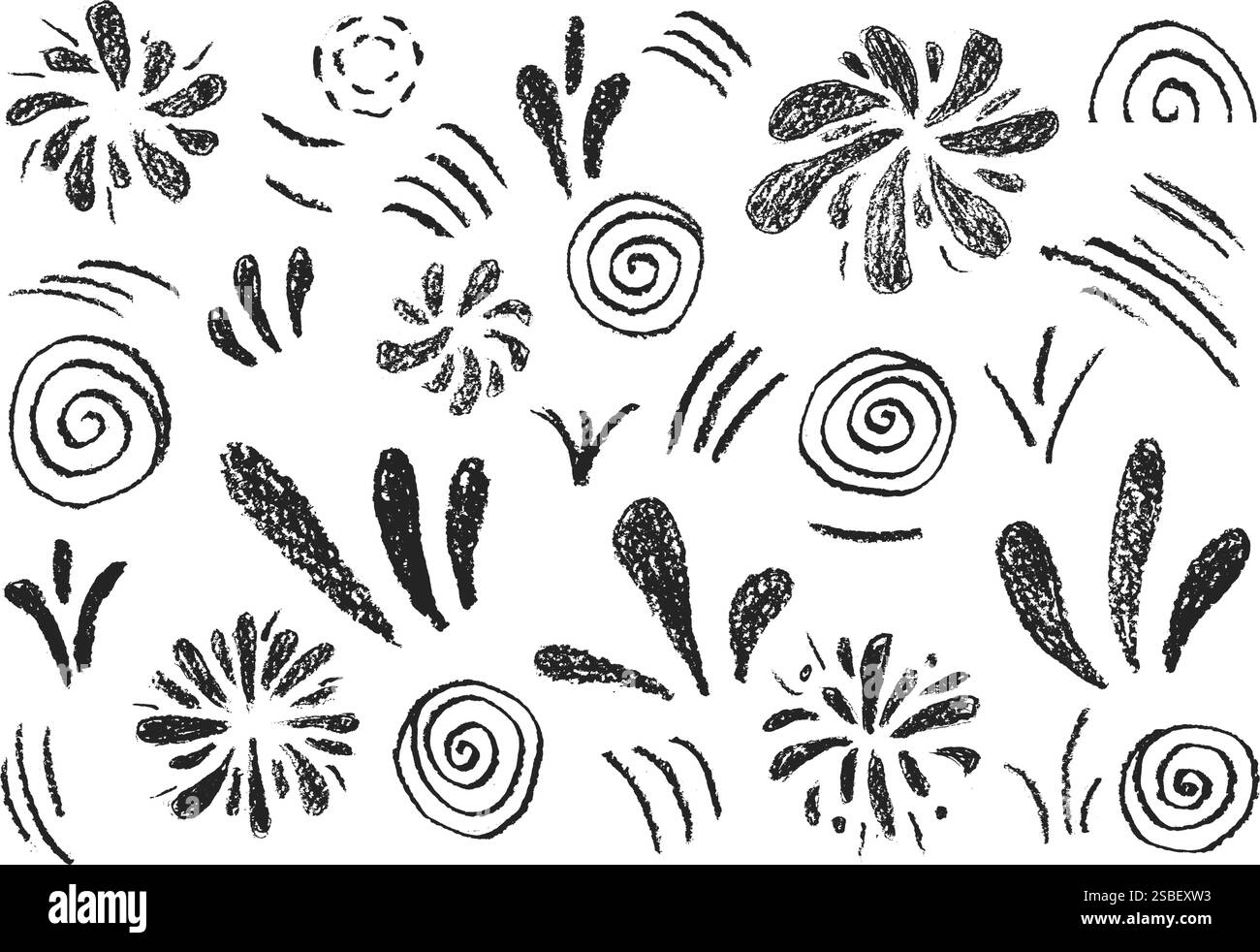 Feuerwerk im Buntstift-Stil. Geburtstagsparty Grunge Feuerwerkskörper und Spritzer Scribble Kritzelei isoliert auf weißem Hintergrund. Karnevalsdekoration. Stock Vektor