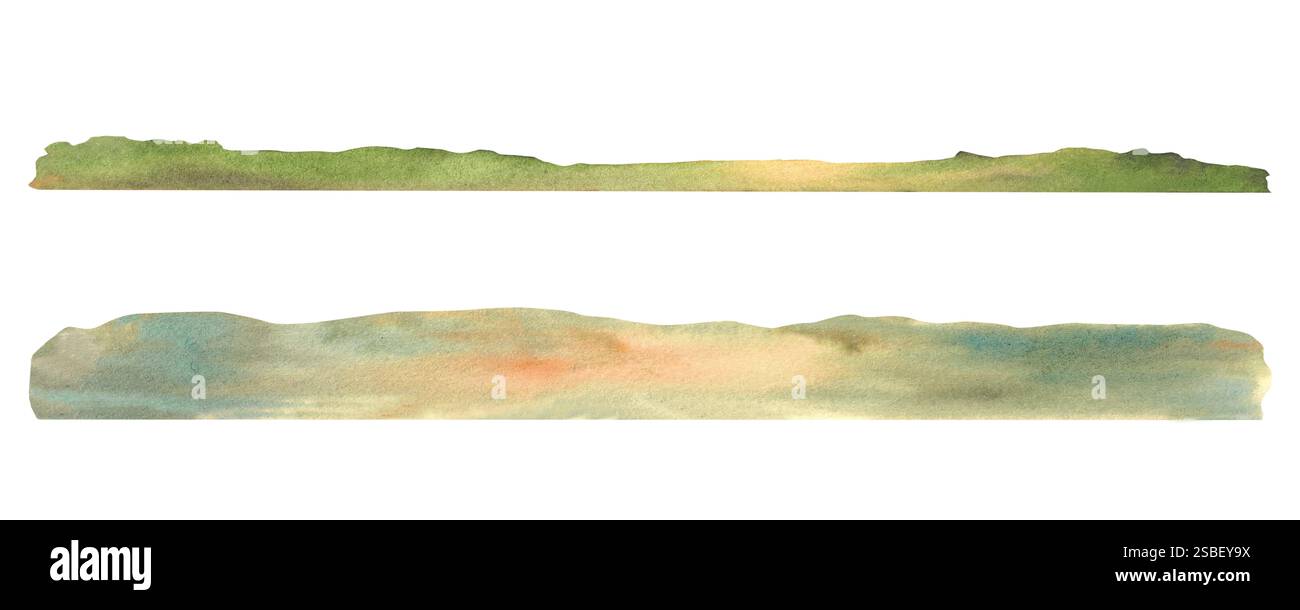 Aquarellstreifen, Silhouetten entfernter Bäume, Felder, Hügel oder Berge am Horizont für die Landschaft Gelb, Grün, Orange horizontal Stockfoto