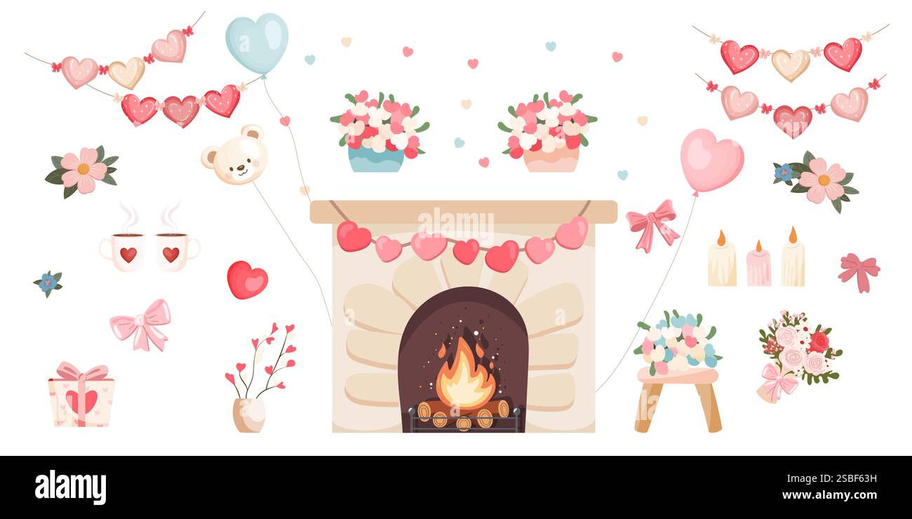 Set mit dekorativen Elementen zum Valentinstag, isoliert auf weißem Hintergrund Stock Vektor