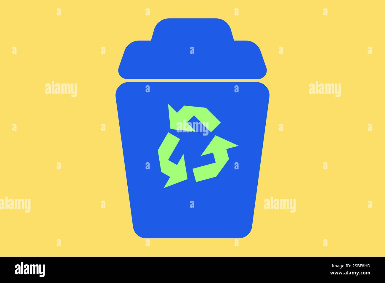 Eine farbige Abbildung des Papierkorbs mit dem Recycling-Schild darauf. Sie kann verwendet werden, um sie an Produkten anzubringen, die recycelt werden. Stockfoto