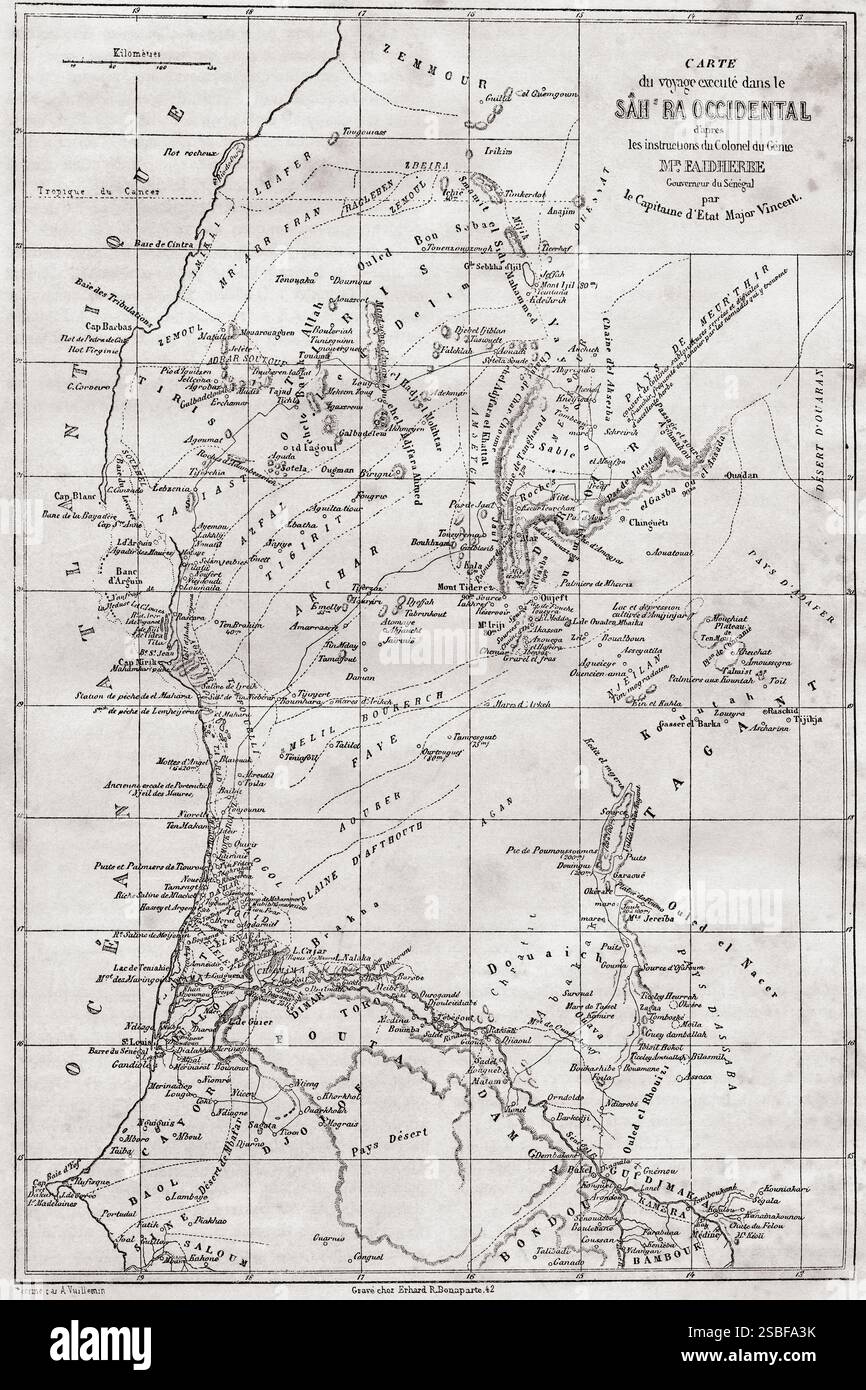 Karte der Reise, die in der Westsahara ausgeführt wurde, gemäß den Anweisungen des Colonel of Engineers, Louis Léon César Faidherbe, Gouverneur von Senegal, von Stabkapitän Vincent. Aus Le Tour du Monde, veröffentlicht 1861. Stockfoto