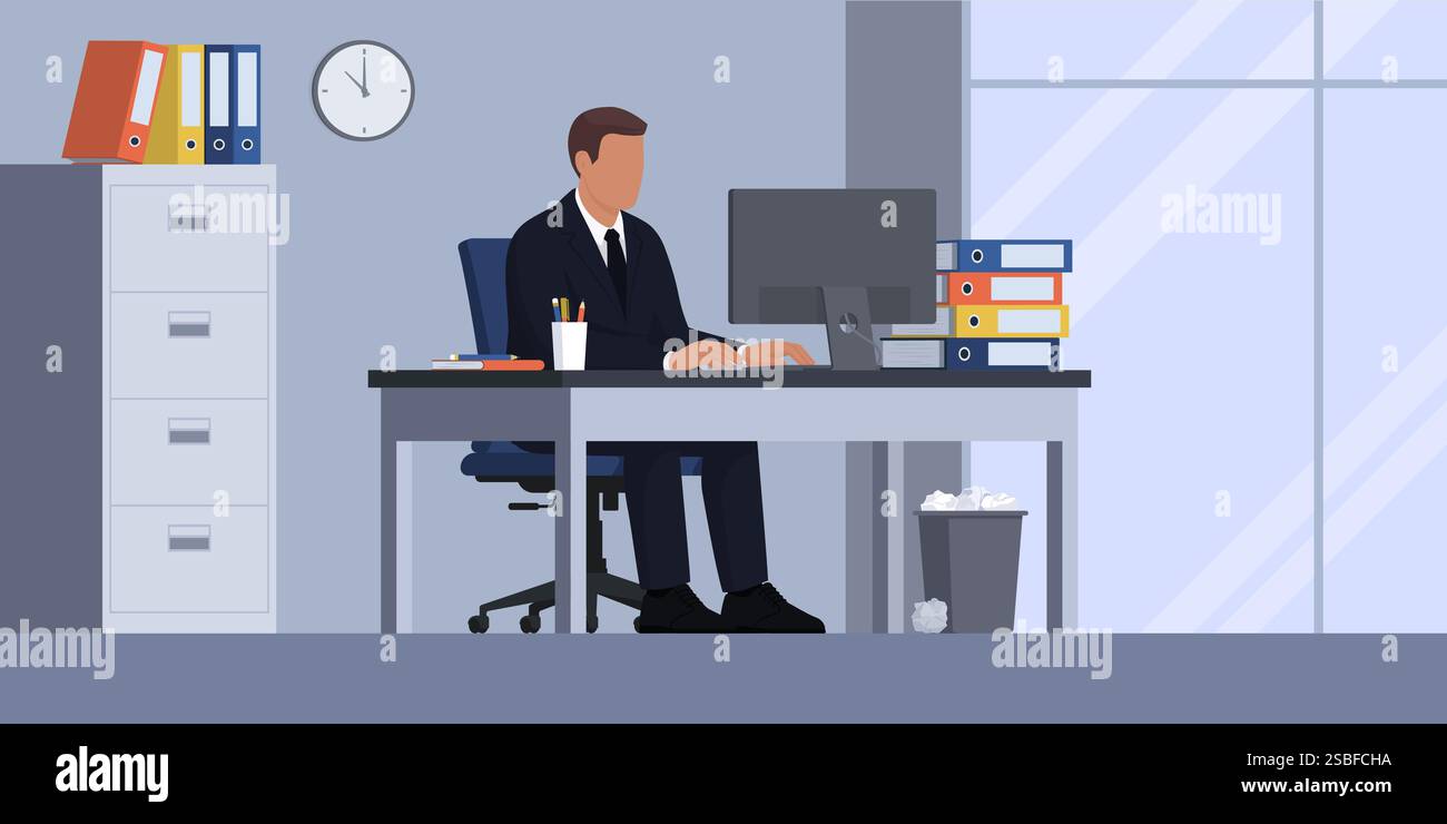 Effizienter Geschäftsmann, der am Schreibtisch sitzt und mit einem Computer arbeitet Stock Vektor