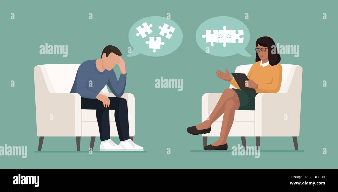 Die Psychologin hilft einem depressiven Patienten während einer Therapiesitzung, sie baut seine Stücke zusammen Stock Vektor