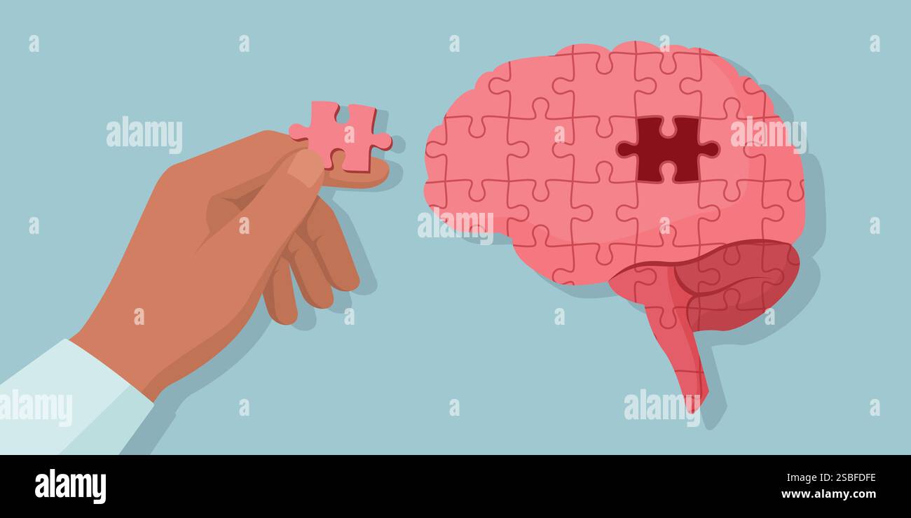 Der Mensch vollendet ein Puzzle in Form eines menschlichen Gehirns: Psychische Gesundheit und Psychologiekonzept Stock Vektor